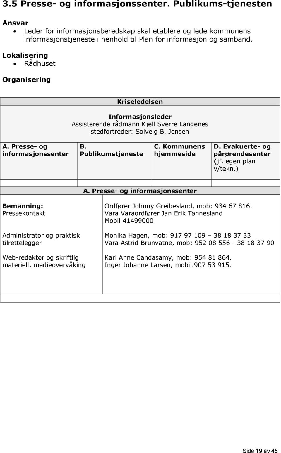 Kommunens hjemmeside D. Evakuerte- og pårørendesenter (jf. egen plan v/tekn.) A.