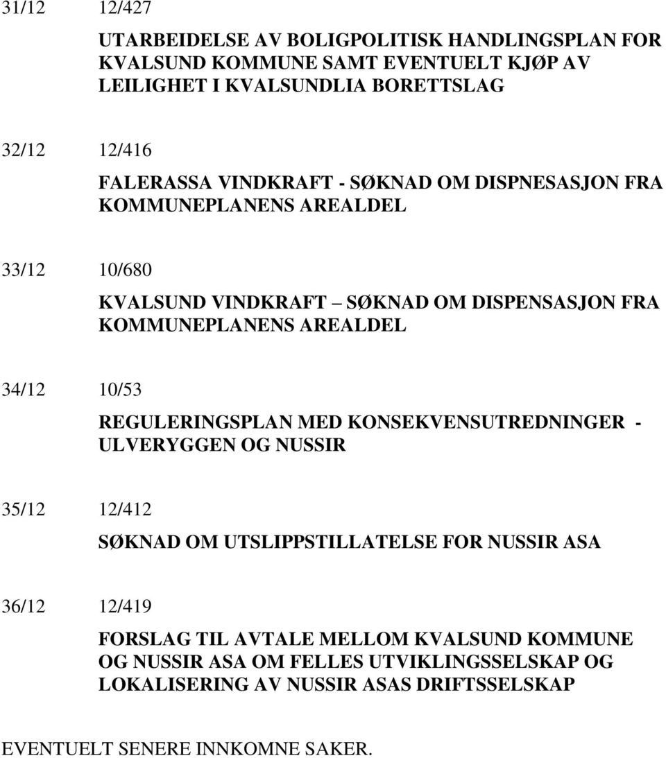 AREALDEL 34/12 10/53 REGULERINGSPLAN MED KONSEKVENSUTREDNINGER - ULVERYGGEN OG NUSSIR 35/12 12/412 SØKNAD OM UTSLIPPSTILLATELSE FOR NUSSIR ASA 36/12