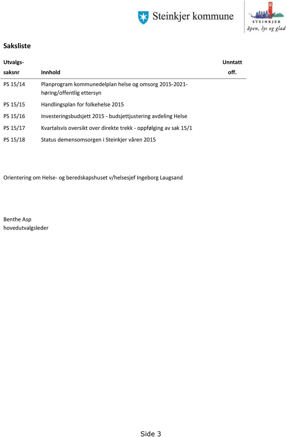 folkehelse 2015 PS 15/16 Investeringsbudsjett 2015 - budsjettjustering avdeling Helse PS 15/17 Kvartalsvis oversikt