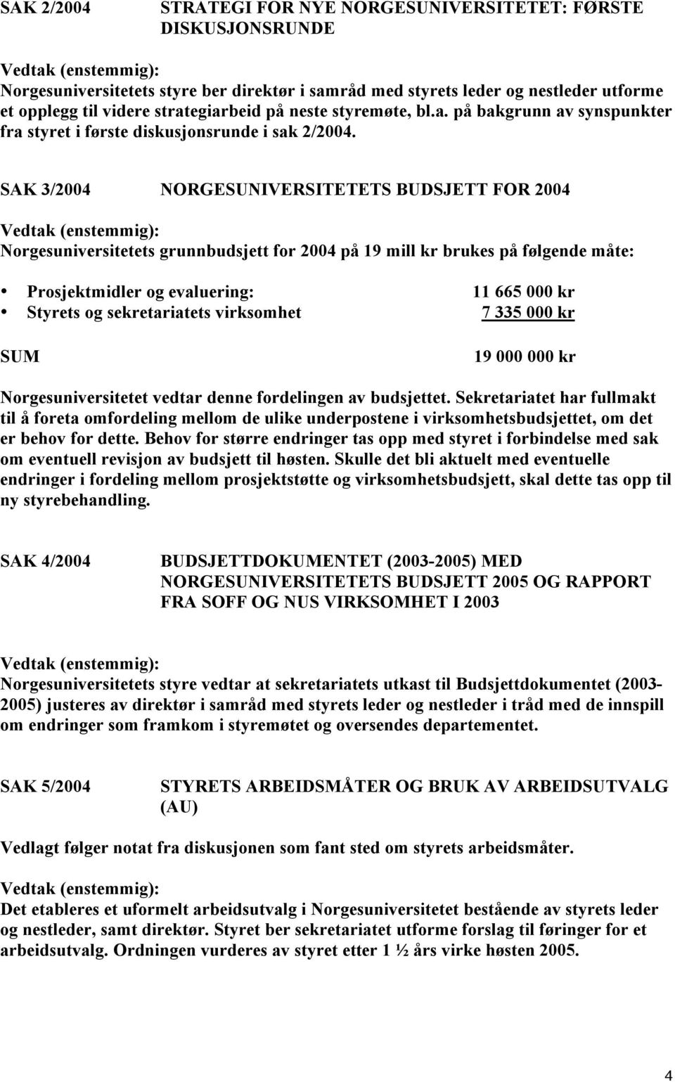 SAK 3/2004 NORGESUNIVERSITETETS BUDSJETT FOR 2004 Norgesuniversitetets grunnbudsjett for 2004 på 19 mill kr brukes på følgende måte: Prosjektmidler og evaluering: 11 665 000 kr Styrets og