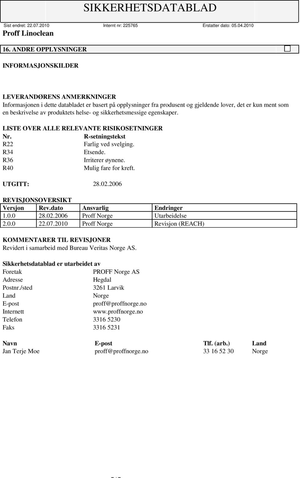 2006 REVISJONSOVERSIKT Versjon Rev.dato Ansvarlig Endringer 1.0.0 28.02.2006 Proff Norge Utarbeidelse 2.0.0 22.07.