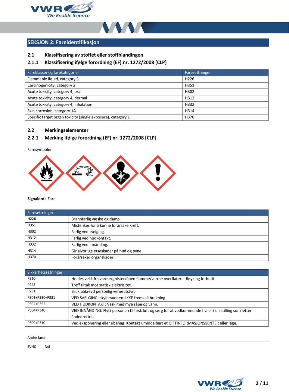 inhalation Skin corrosion, category 1A Specific target organ toxicity (single exposure), category 1 Faresettninger H226 H351 H302 H312 H332 H314 H370 2.2 Merkingselementer 2.2.1 Merking ifølge forordning (EF) nr.