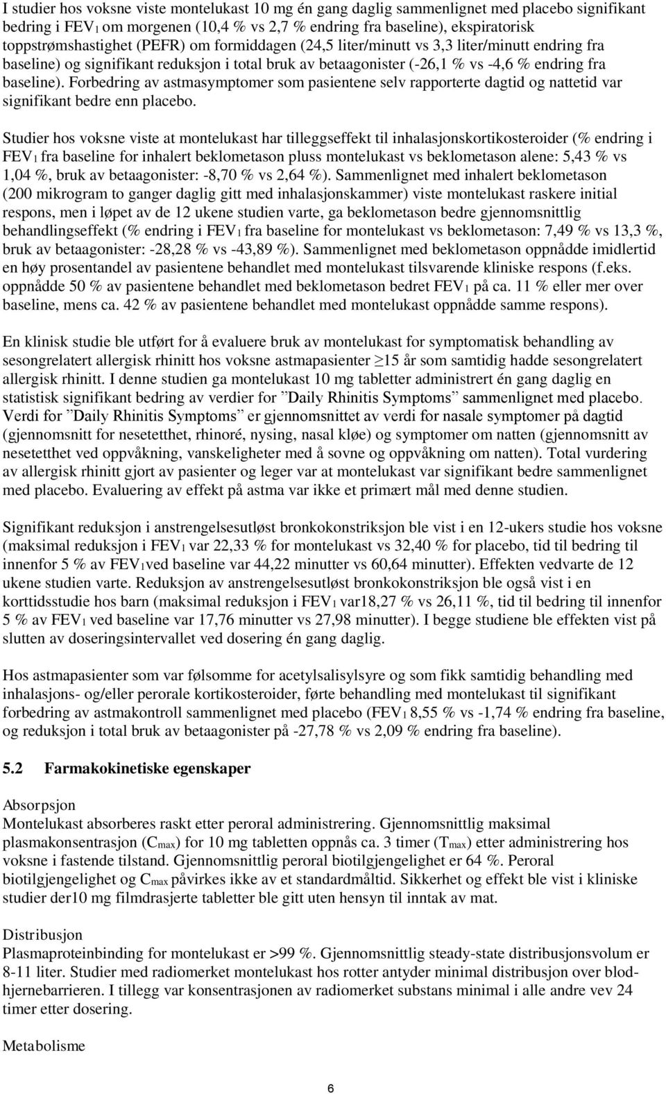 Forbedring av astmasymptomer som pasientene selv rapporterte dagtid og nattetid var signifikant bedre enn placebo.