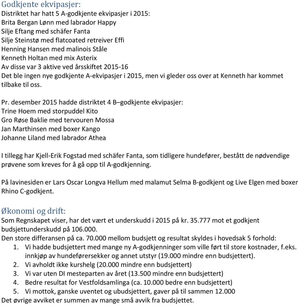 desember hadde distriktet 4 B godkjente ekvipasjer: Trine Hoem med storpuddel Kito Gro Røse Baklie med tervouren Mossa Jan Marthinsen med boxer Kango Johanne Liland med labrador Athea I tillegg har