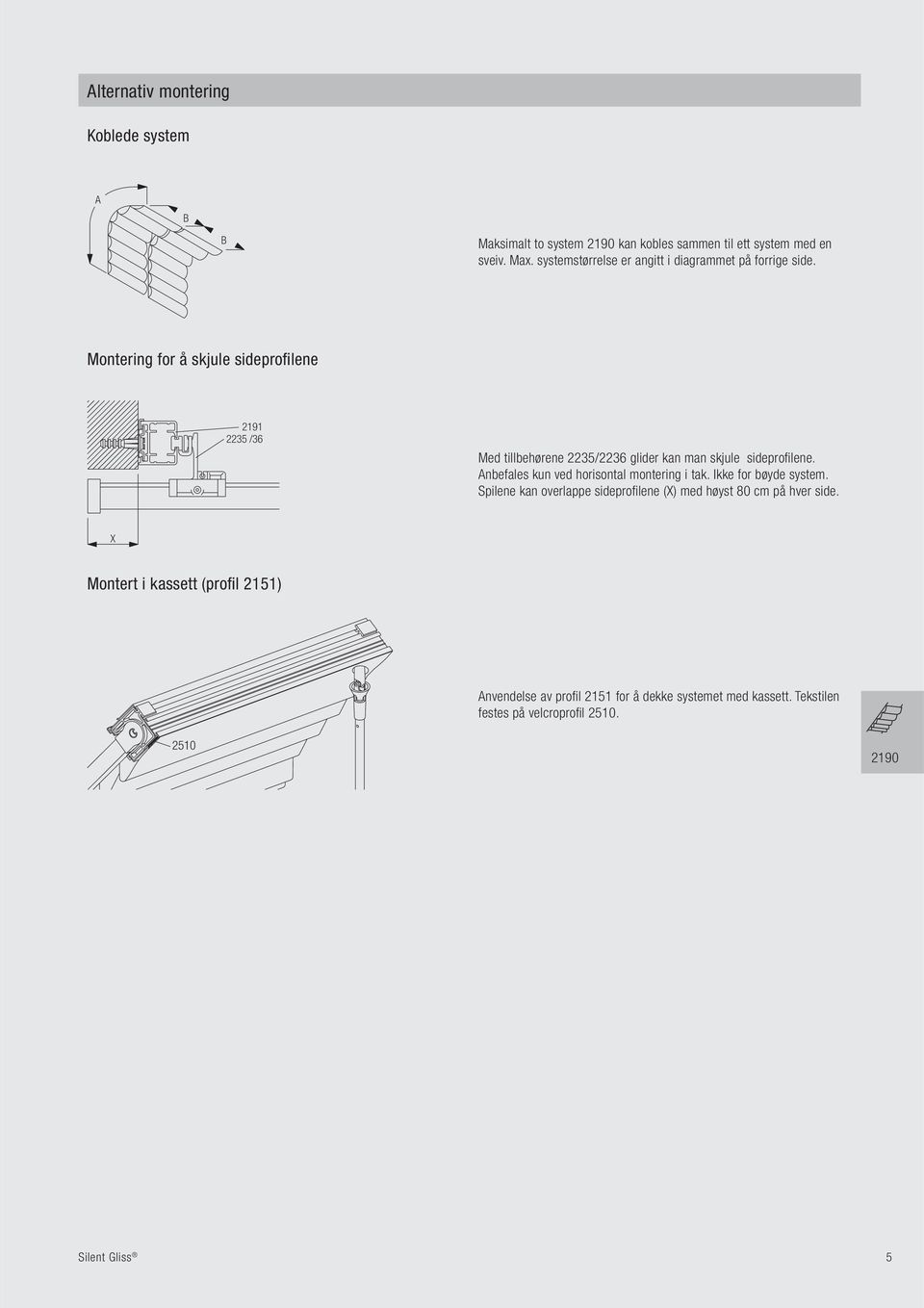 Montering for å skjule sideprofilene 2191 2235 /36 Med tillbehørene 2235/2236 glider kan man skjule sideprofilene.
