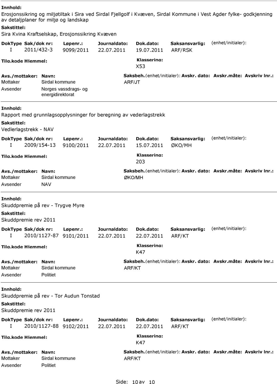 2011 ARF/RSK X53 Sirdal kommune ARF/JT Norges vassdrags- og energidirektorat Rapport med grunnlagsopplysninger for beregning av vederlagstrekk Vedlerlagstrekk - NAV 2009/154-13