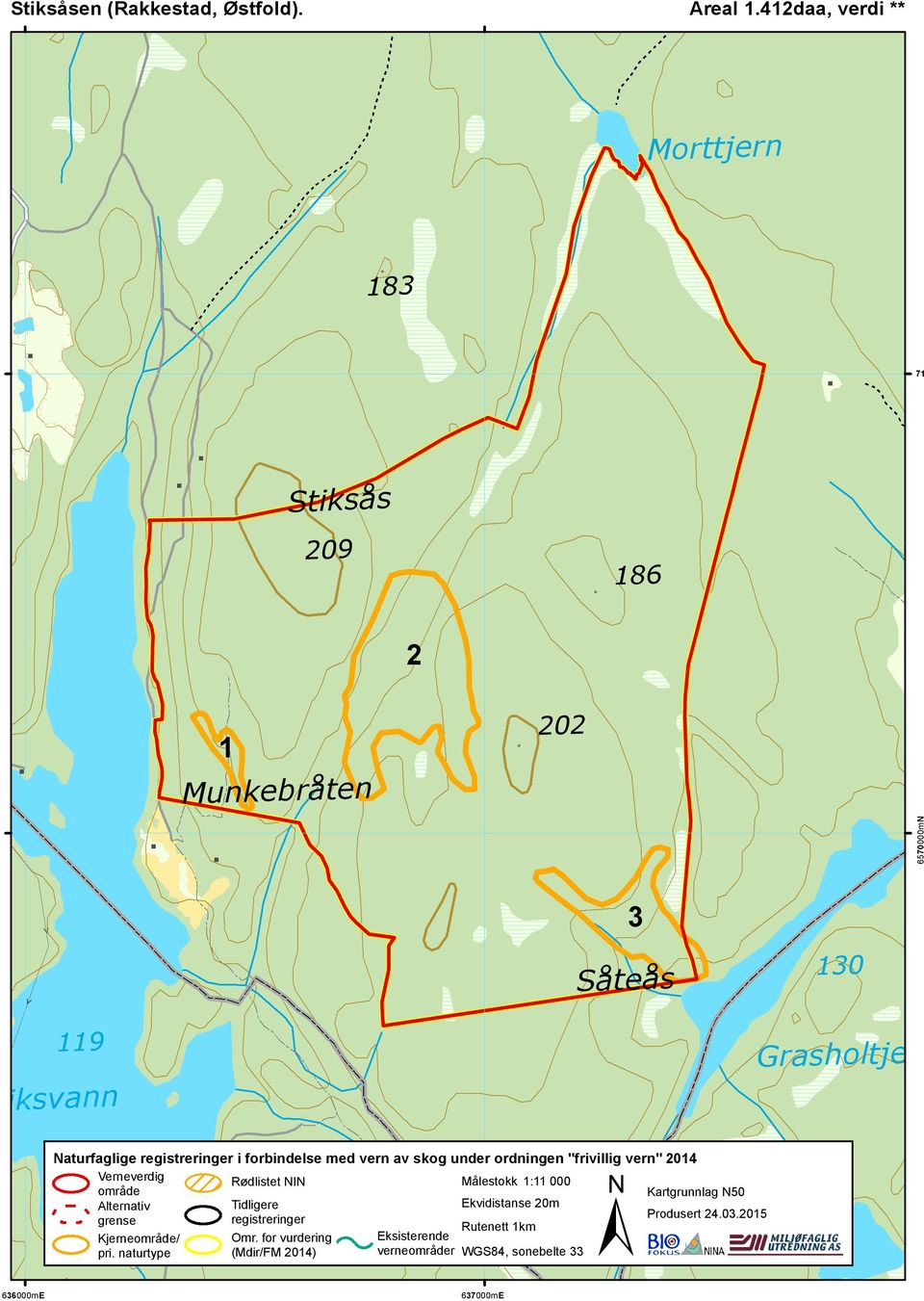 registreringer i forbindelse med vern av skog under ordningen "frivillig vern" 2014 Verneverdig Rødlistet NIN Målestokk 1:11 000 område