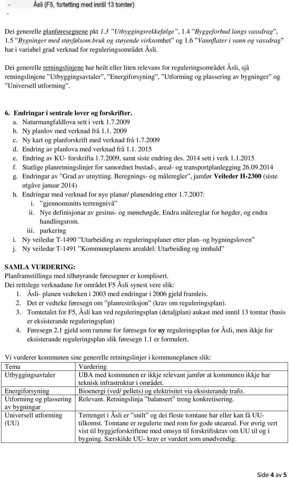 Dei generelle retningslinjene har heilt eller liten relevans for reguleringsområdet Åsli, sjå retningslinjene Utbyggingsavtaler, Energiforsyning, Utforming og plassering av bygninger og Universell