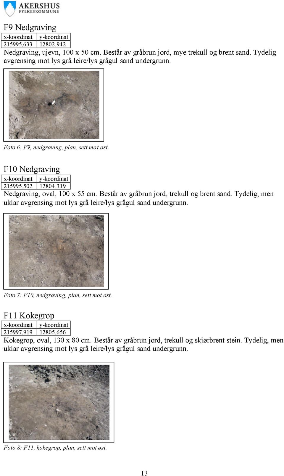 Består av gråbrun jord, trekull og brent sand. Tydelig, men uklar avgrensing mot lys grå leire/lys grågul sand undergrunn. Foto 7: F10, nedgraving, plan, sett mot øst.