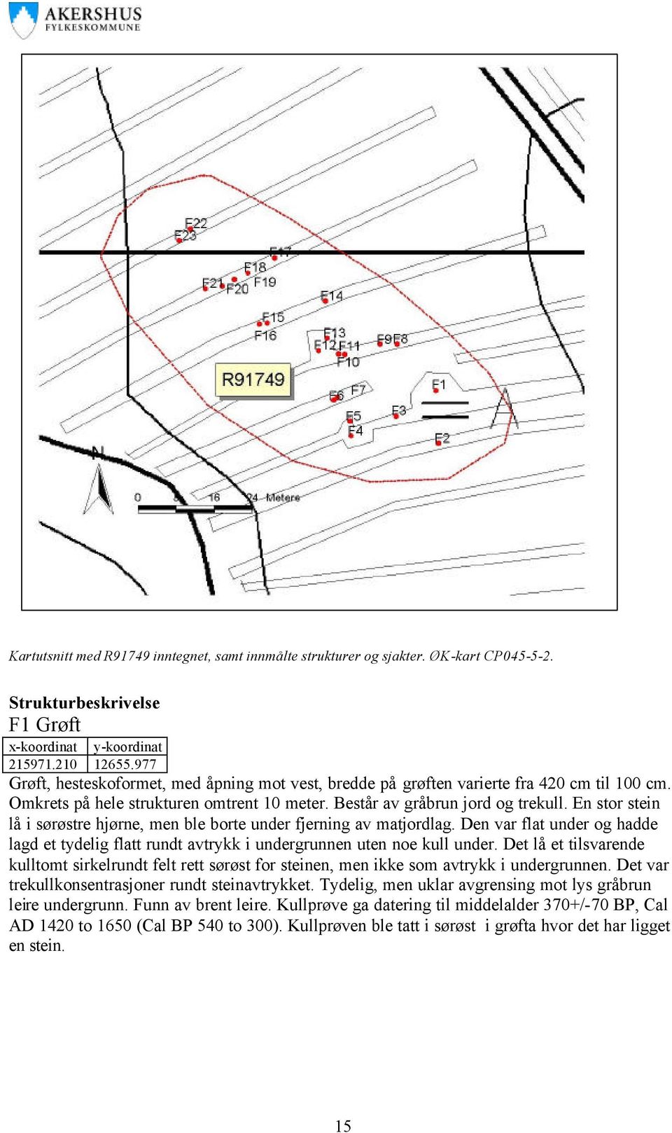 En stor stein lå i sørøstre hjørne, men ble borte under fjerning av matjordlag. Den var flat under og hadde lagd et tydelig flatt rundt avtrykk i undergrunnen uten noe kull under.