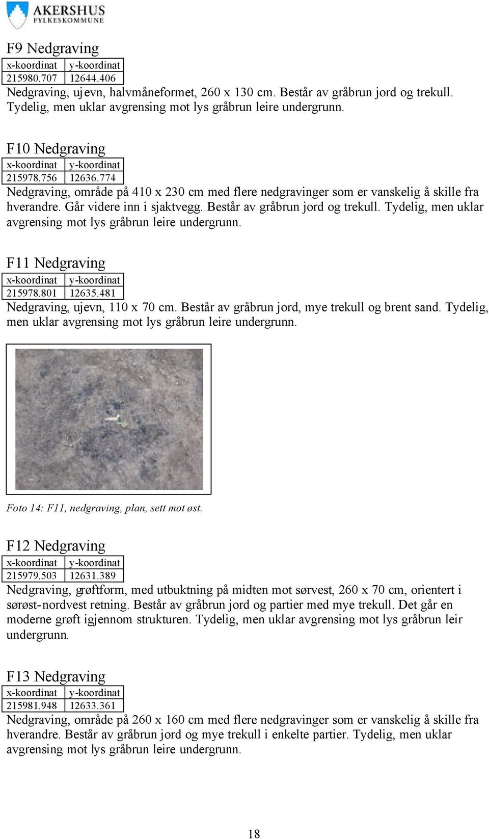 Tydelig, men uklar avgrensing mot lys gråbrun leire undergrunn. F11 Nedgraving 215978.801 12635.481 Nedgraving, ujevn, 110 x 70 cm. Består av gråbrun jord, mye trekull og brent sand.