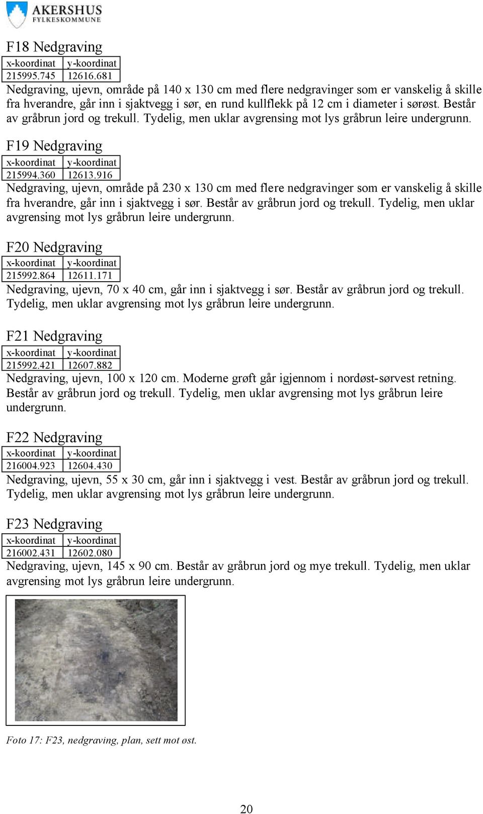 Består av gråbrun jord og trekull. Tydelig, men uklar avgrensing mot lys gråbrun leire undergrunn. F19 Nedgraving 215994.360 12613.