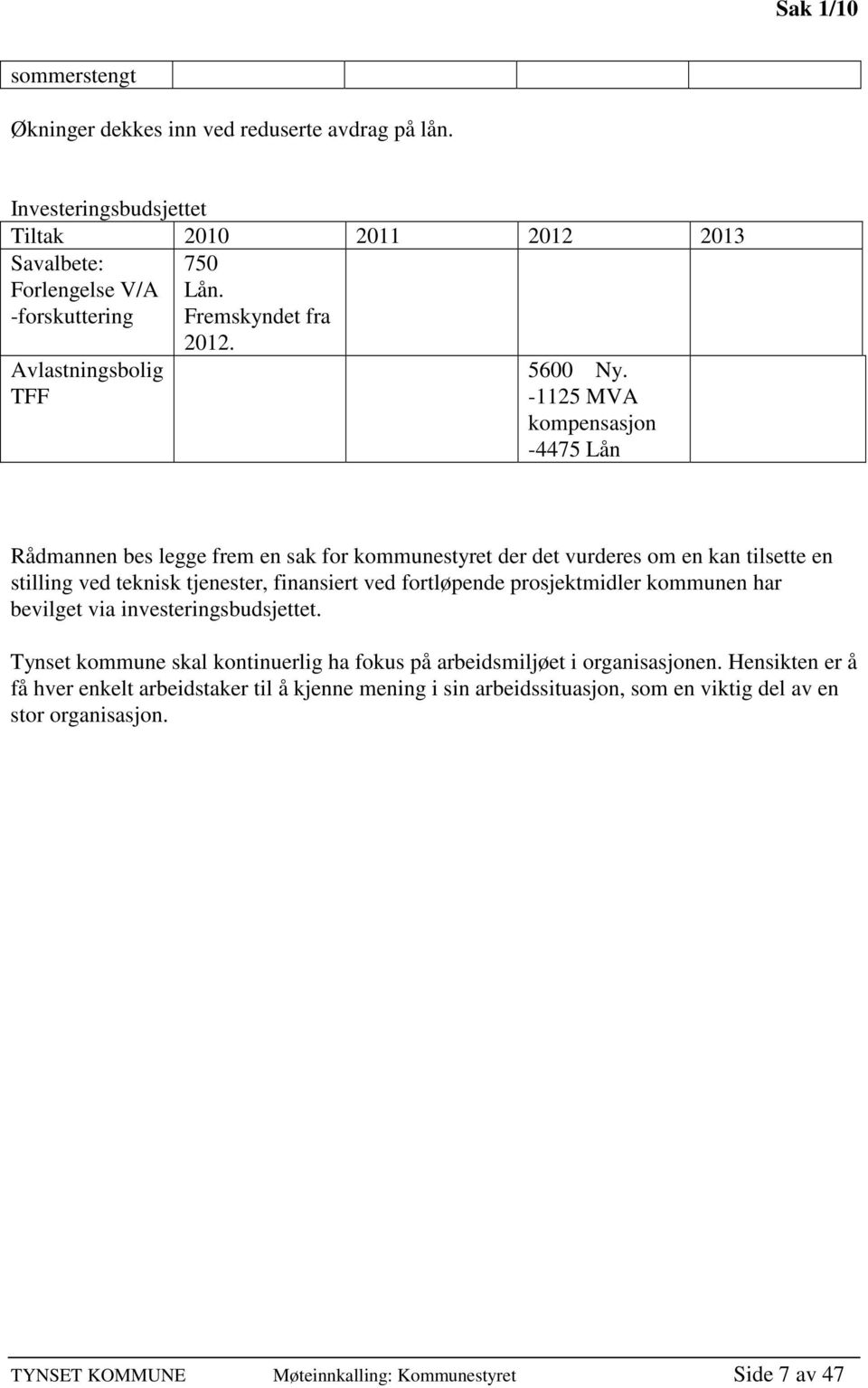 -1125 MVA kompensasjon -4475 Lån Rådmannen bes legge frem en sak for kommunestyret der det vurderes om en kan tilsette en stilling ved teknisk tjenester, finansiert ved fortløpende