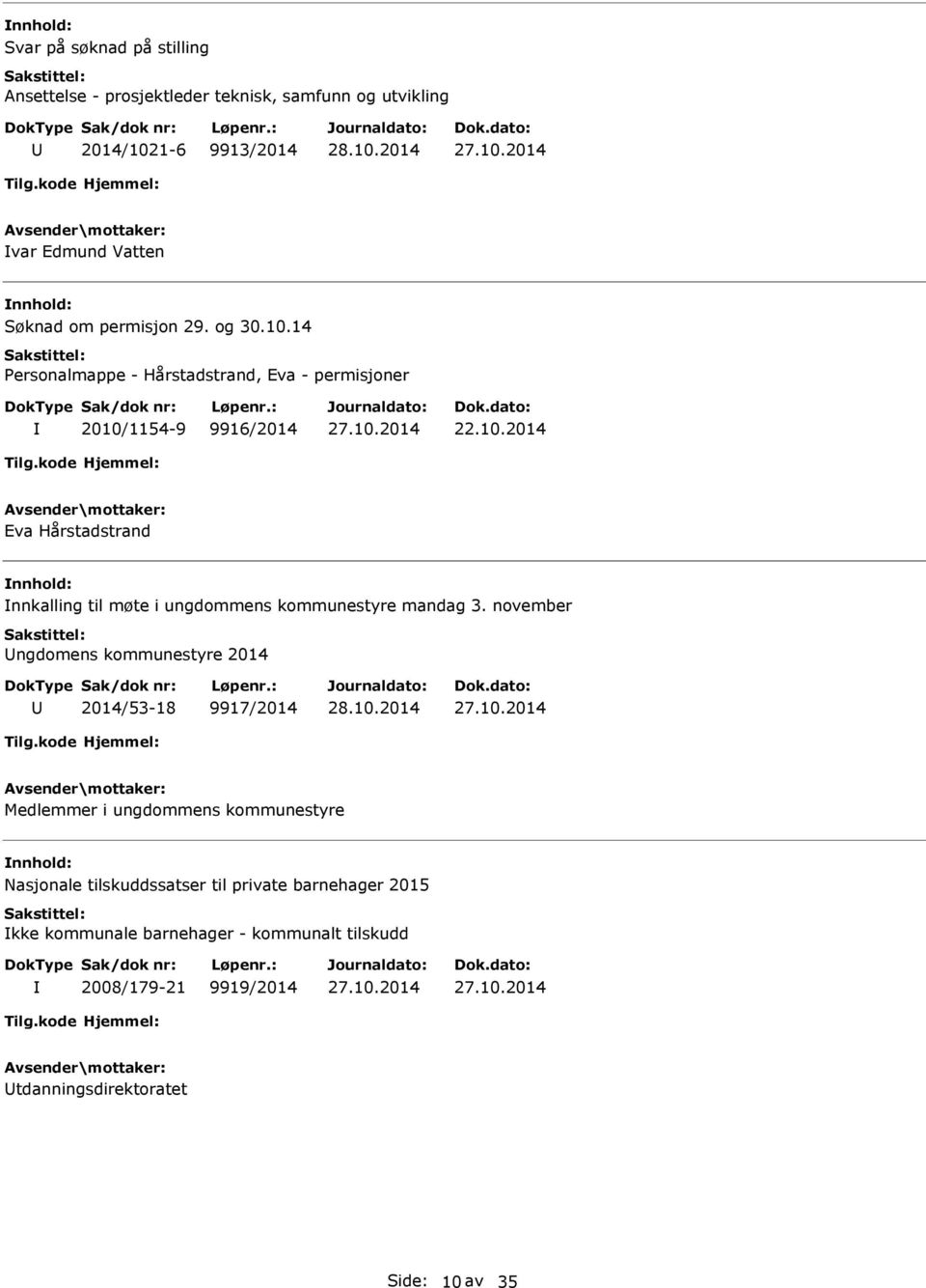 november ngdomens kommunestyre 2014 2014/53-18 9917/2014 Medlemmer i ungdommens kommunestyre Nasjonale tilskuddssatser til private barnehager