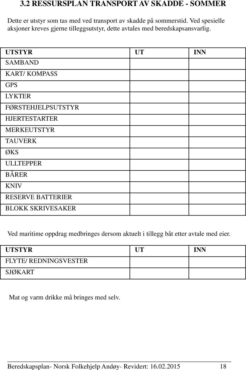 UTSTYR UT INN SAMBAND KART/ KOMPASS GPS LYKTER FØRSTEHJELPSUTSTYR HJERTESTARTER MERKEUTSTYR TAUVERK ØKS ULLTEPPER BÅRER KNIV RESERVE BATTERIER BLOKK