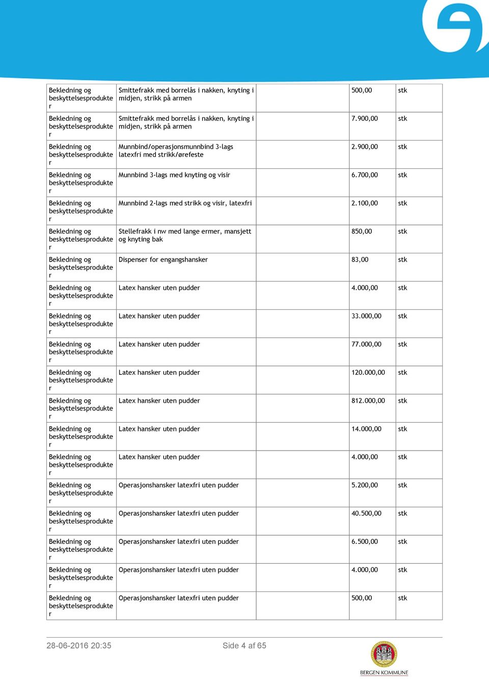 100,00 stk Stellefakk i nw med lange m, mansjett og knyting bak 850,00 stk Dispens fo engangshansk 83,00 stk Latex hansk uten pudd 4.000,00 stk Latex hansk uten pudd 33.