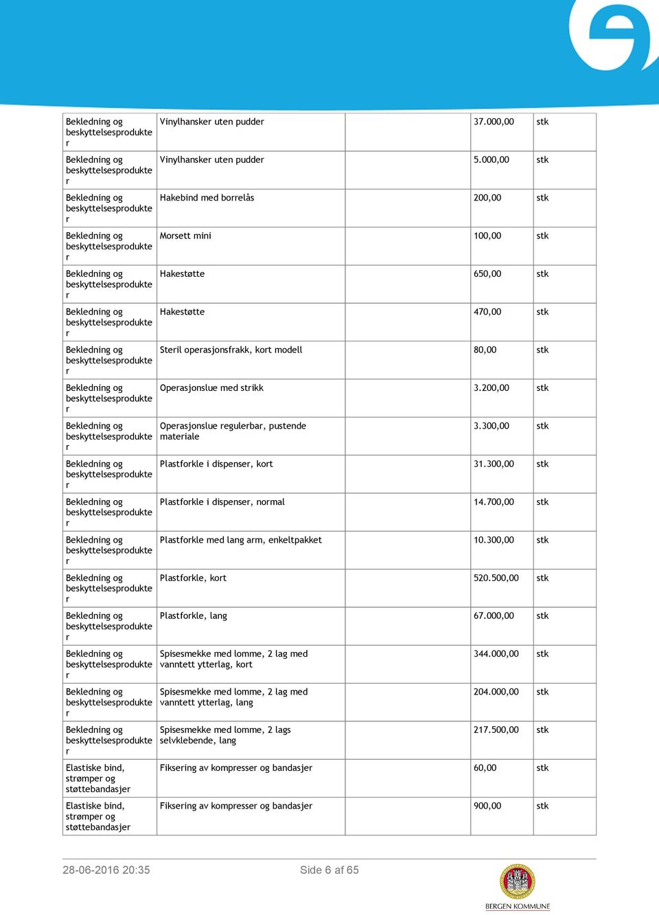 200,00 stk Opasjonslue egulba, pustende matiale 3.300,00 stk Plastfokle i dispens, kot 31.300,00 stk Plastfokle i dispens, nomal 14.700,00 stk Plastfokle med lang am, enkeltpakket 10.