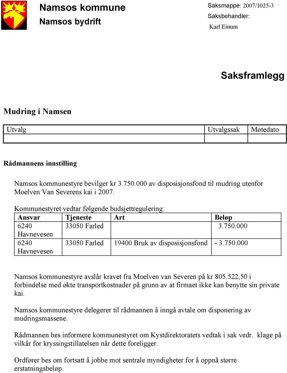 000 av disposisjonsfond til mudring utenfor Kommunestyret vedtar følgende budsjettregulering: Ansvar Tjeneste Art Beløp 6240