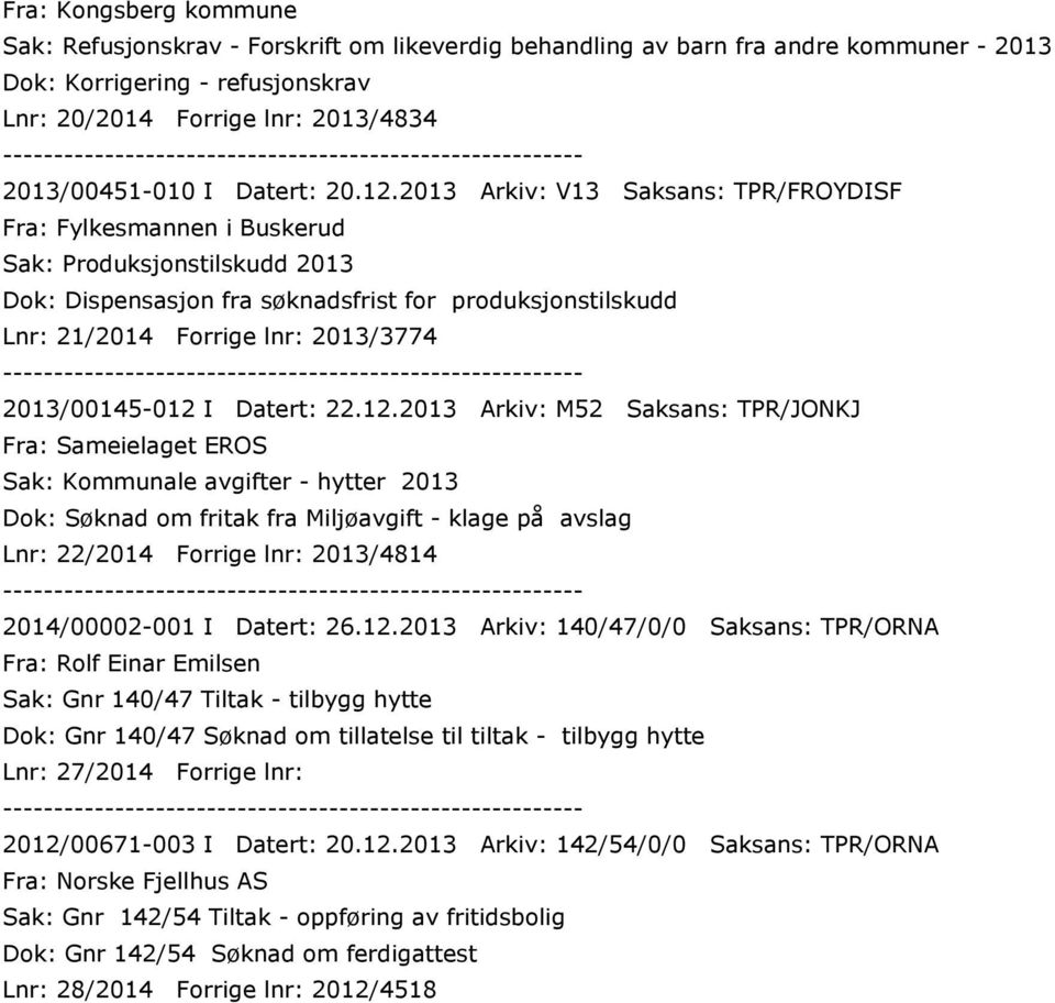 2013 Arkiv: V13 Saksans: TPR/FROYDISF Sak: Produksjonstilskudd 2013 Dok: Dispensasjon fra søknadsfrist for produksjonstilskudd Lnr: 21/2014 Forrige lnr: 2013/3774 2013/00145-012 