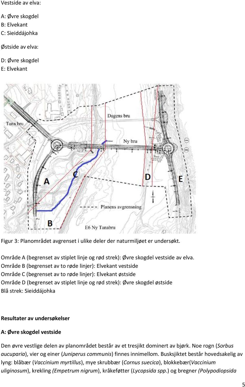 Område B (begrenset av to røde linjer): Elvekant vestside Område C (begrenset av to røde linjer): Elvekant østside Område D (begrenset av stiplet linje og rød strek): Øvre skogdel østside Blå strek: