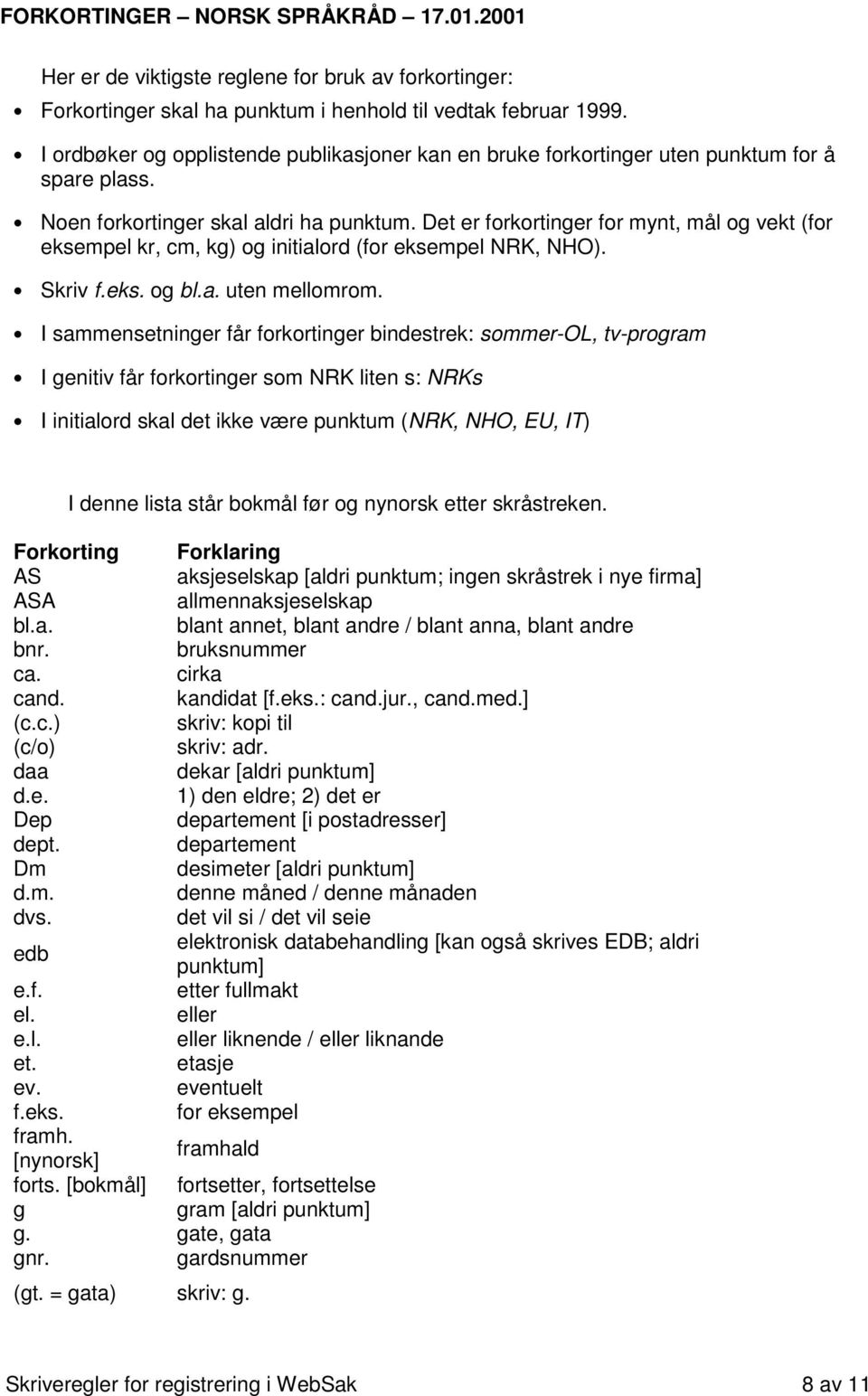 Det er forkortinger for mynt, mål og vekt (for eksempel kr, cm, kg) og initialord (for eksempel NRK, NHO). Skriv f.eks. og bl.a. uten mellomrom.