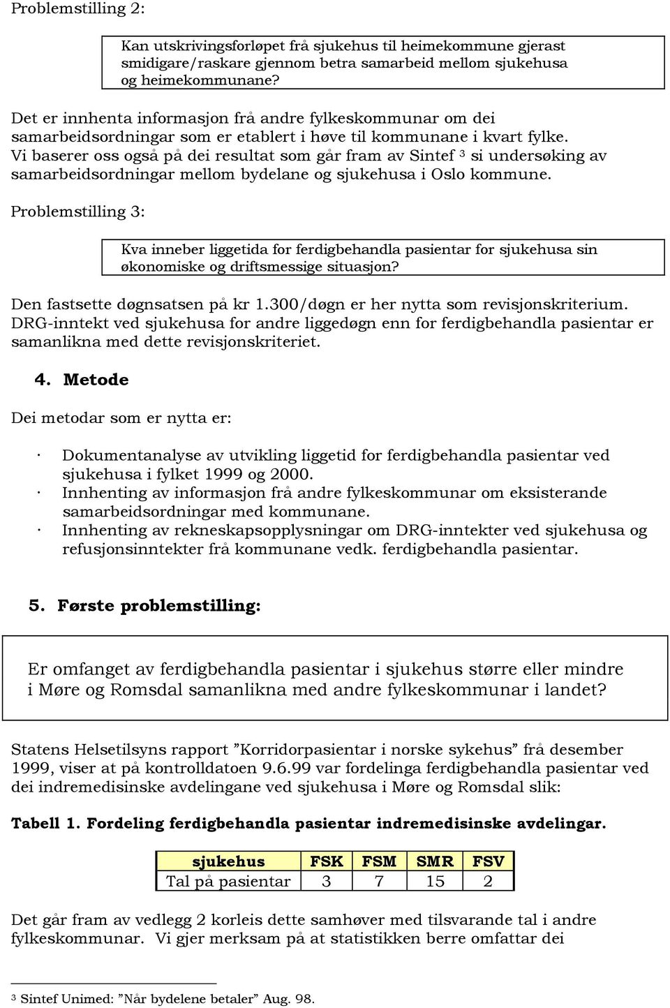 Vi baserer oss også på dei resultat som går fram av Sintef 3 si undersøking av samarbeidsordningar mellom bydelane og sjukehusa i Oslo kommune.