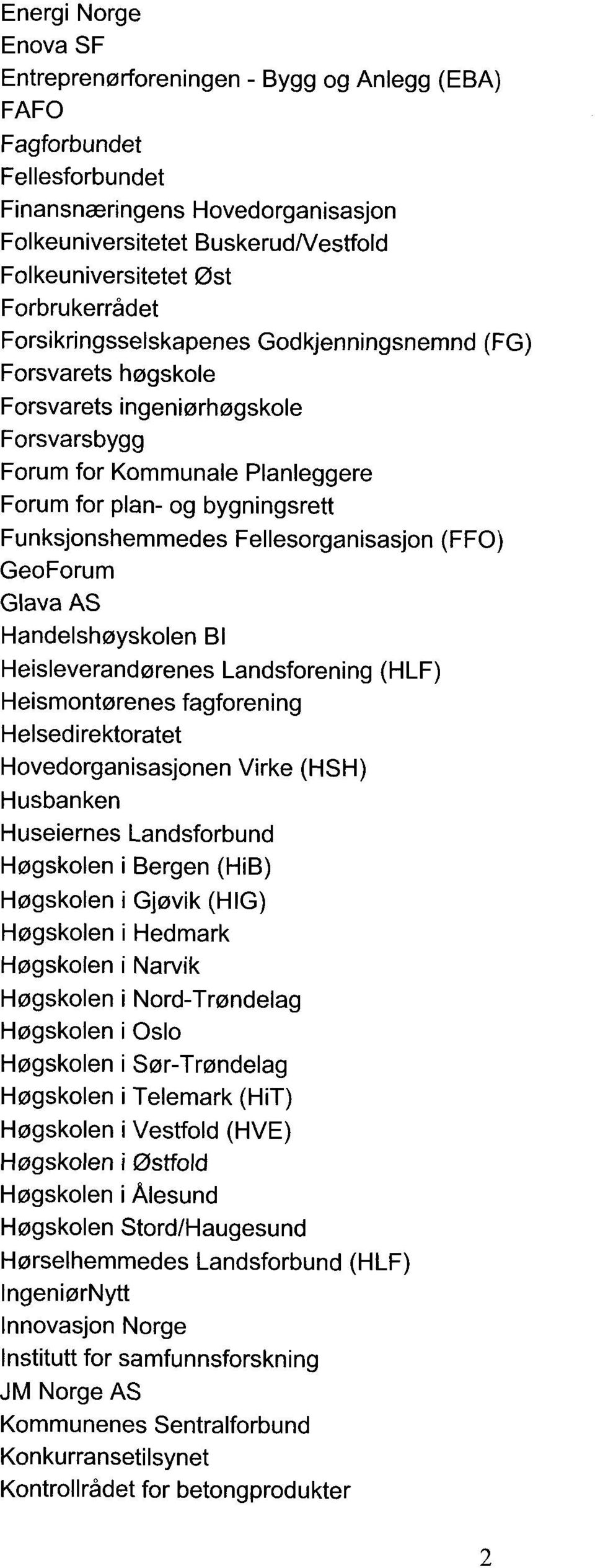 Funksjonshemmedes Fellesorganisasjon (FF0) GeoForum Glava AS Handelshøyskolen BI Heisleverandørenes Landsforening (HLF) Heismontørenes fagforening Helsedirektoratet Hovedorganisasjonen Virke (HSH)