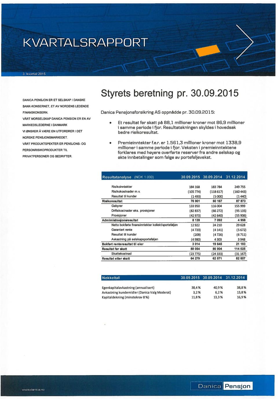 VART PRODUKTSPEKTER ER PENSJONS- OG PERSONRISIKOPRODUKTER TIL PRIVATPERSONER OG BEDRIFTER. Styrets beretning pr. 30.09.