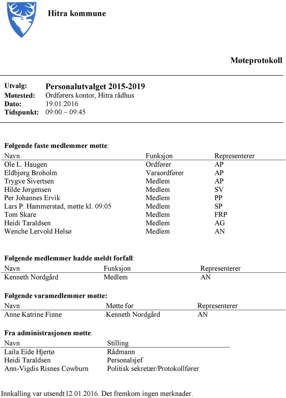 09:05 Medlem SP Tom Skare Medlem FRP Heidi Taraldsen Medlem AG Wenche Lervold Helsø Medlem AN Følgende medlemmer hadde meldt forfall: Navn Funksjon Representerer Kenneth Nordgård Medlem AN Følgende