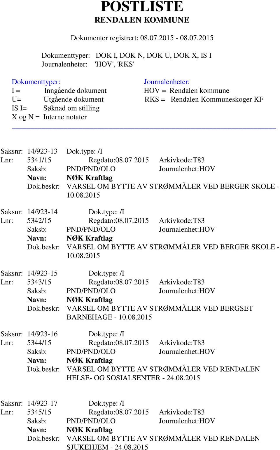 08.2015 Saksnr: 14/923-16 Dok.type: /I Lnr: 5344/15 Regdato:08.07.2015 Arkivkode:T83 Dok.beskr: VARSEL OM BYTTE AV STRØMMÅLER VED RENDALEN HELSE- OG SOSIALSENTER - 24.08.2015 Saksnr: 14/923-17 Dok.