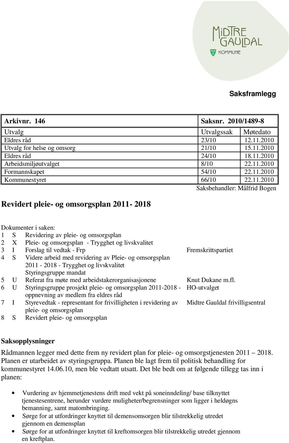 2 X Pleie- og omsorgsplan - Trygghet og livskvalitet 3 I Forslag til vedtak - Frp Fremskrittspartiet 4 S Videre arbeid med revidering av Pleie- og omsorgsplan 2011-2018 - Trygghet og livskvalitet