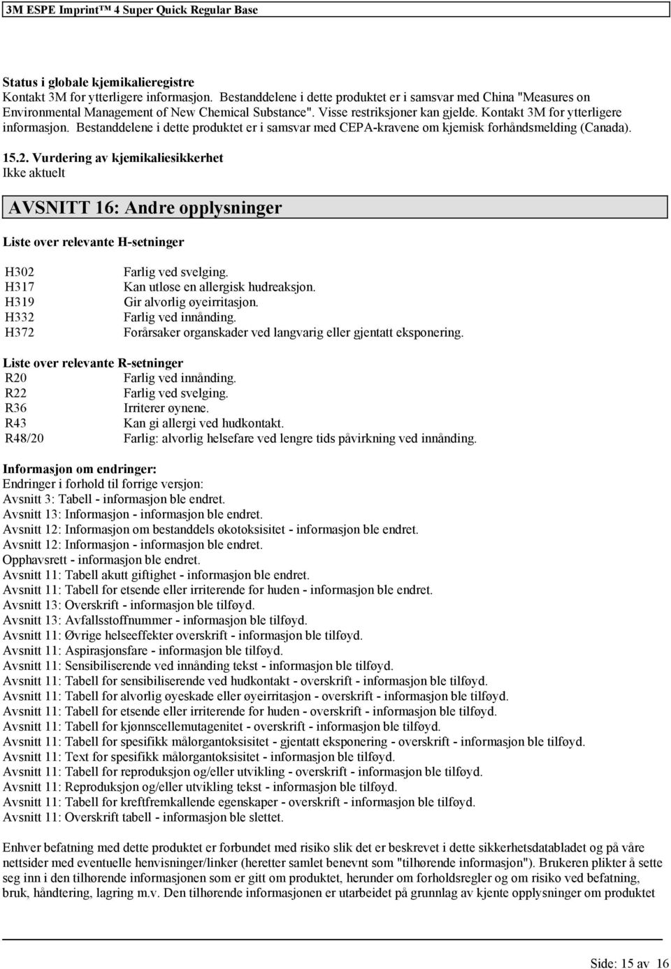 Bestanddelene i dette produktet er i samsvar med CEPA-kravene om kjemisk håndsmelding (Canada). 15.2.