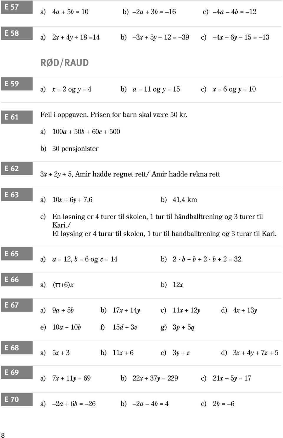 a) 100a + 50b + 60c + 500 b) 30 pensjonister E 62 E 63 3x + 2y + 5, Amir hadde regnet rett/ Amir hadde rekna rett a) 10x + 6y + 7,6 b) 41,4 km c) En løsning er 4 turer til skolen, 1 tur til