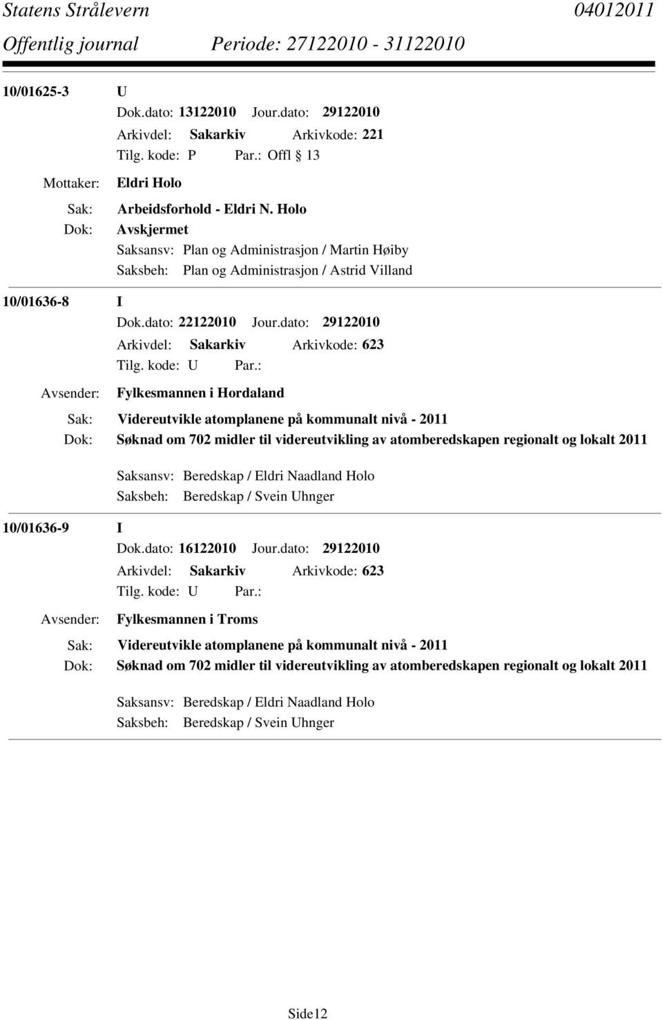 dato: 29122010 Arkivdel: Sakarkiv Arkivkode: 623 Fylkesmannen i Hordaland Videreutvikle atomplanene på kommunalt nivå - 2011 Søknad om 702 midler til videreutvikling av atomberedskapen regionalt og