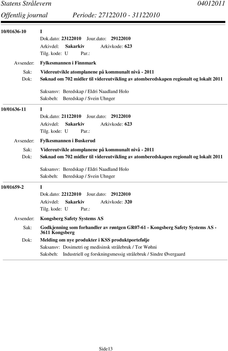 lokalt 2011 Saksansv: Beredskap / Eldri Naadland Holo Saksbeh: Beredskap / Svein Uhnger 10/01636-11 I Dok.dato: 21122010 Jour.