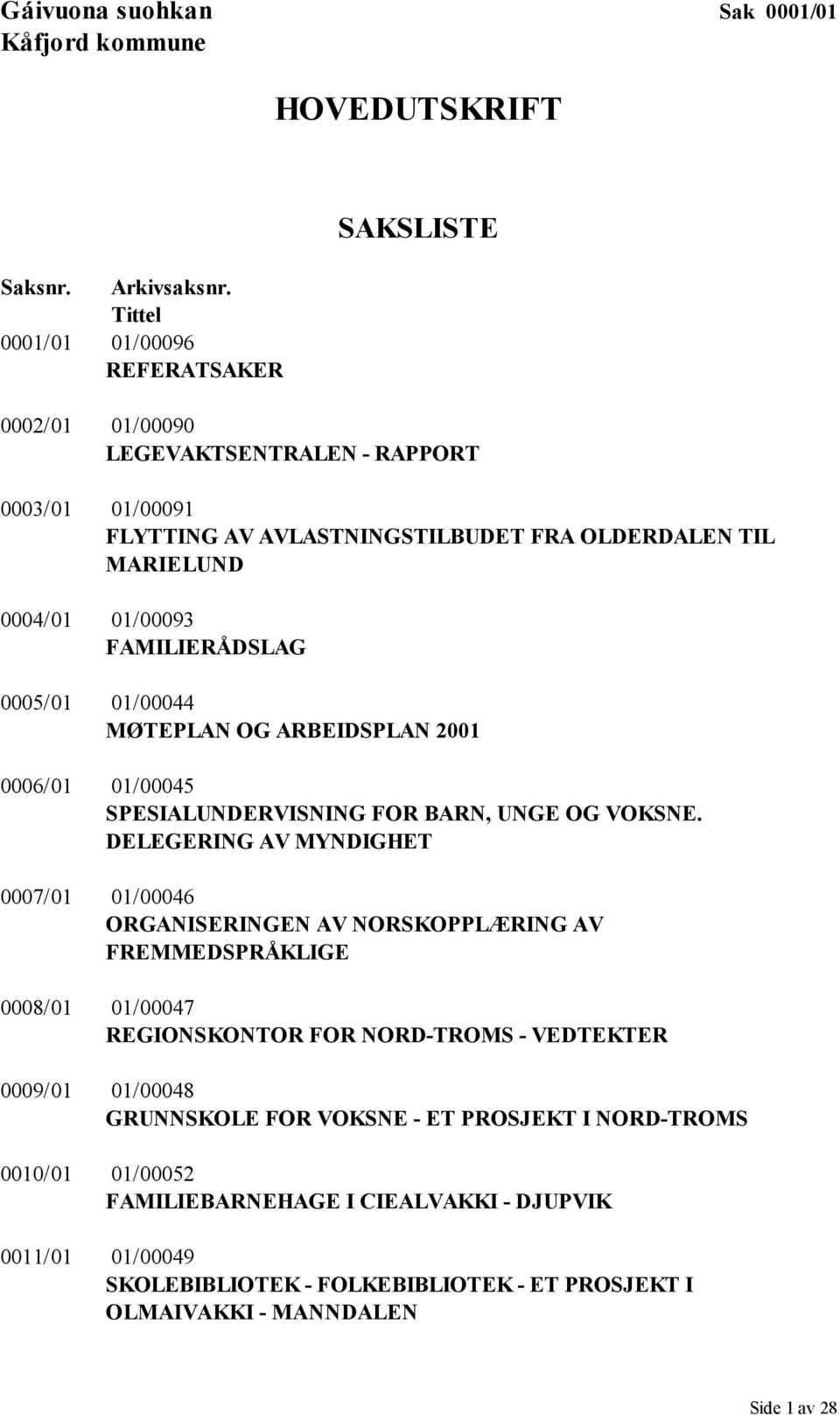 FAMILIERÅDSLAG 0005/01 01/00044 MØTEPLAN OG ARBEIDSPLAN 2001 0006/01 01/00045 SPESIALUNDERVISNING FOR BARN, UNGE OG VOKSNE.