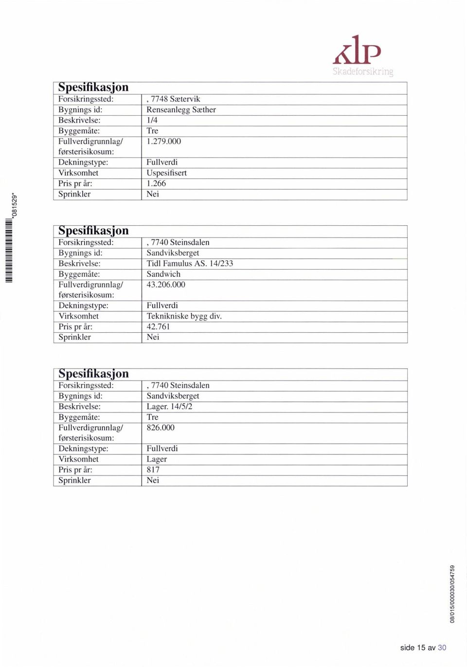 14/233 Byggemåte: Sandwich Fullverdigrunnlag/ 43.206.000 Dekningstype: Fullverdi Virksomhet Teknikniske bygg div. Pris pr år: 42.