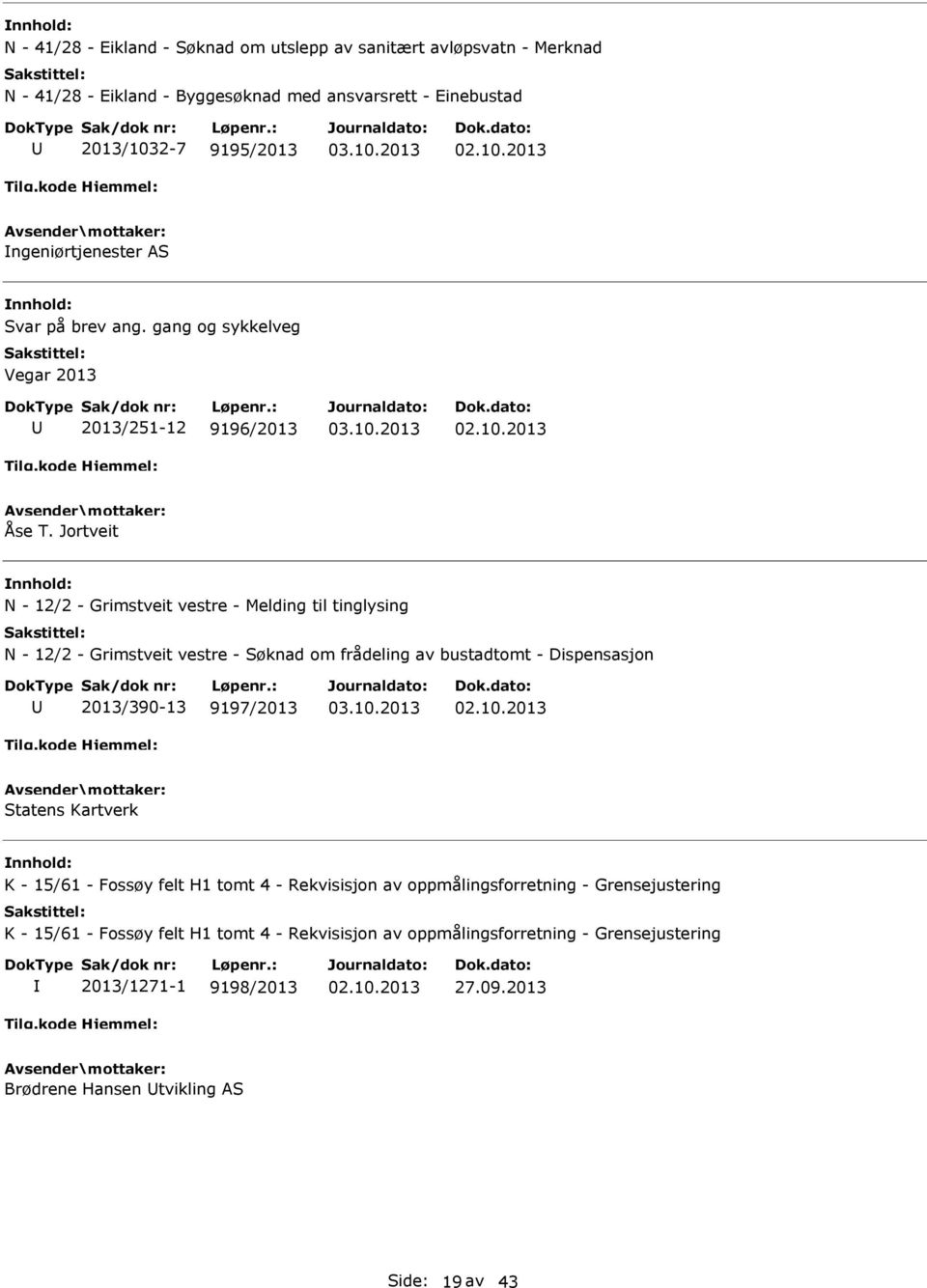 Jortveit N - 12/2 - Grimstveit vestre - Melding til tinglysing N - 12/2 - Grimstveit vestre - Søknad om frådeling av bustadtomt - Dispensasjon 2013/390-13 9197/2013