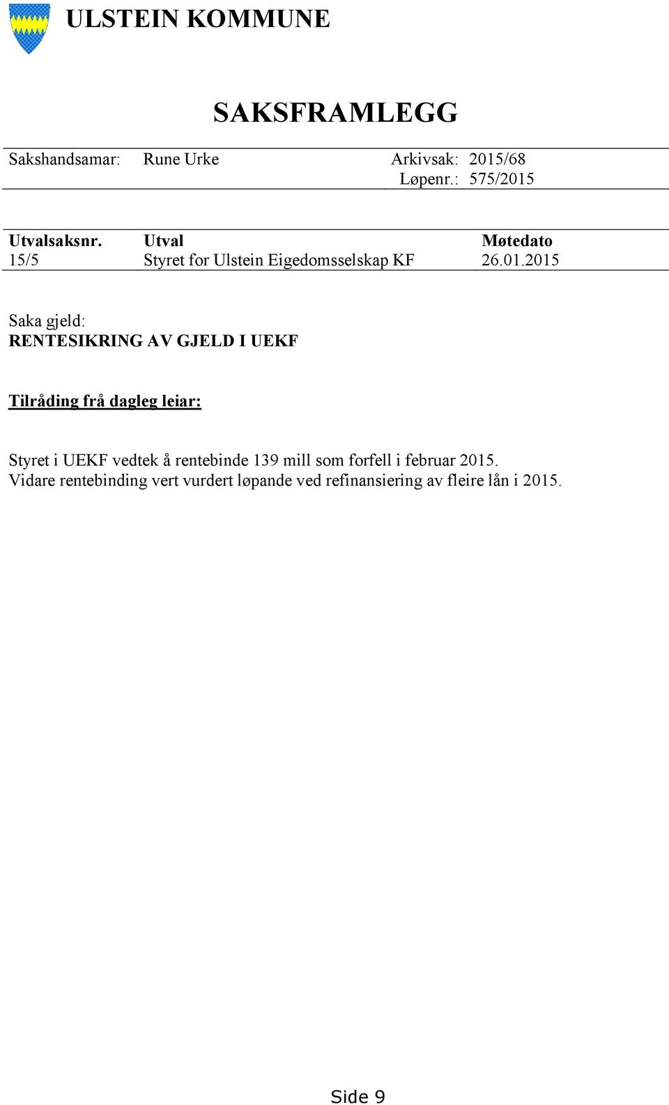 Utvalsaksnr. Utval Møtedato 15/5 Styret for Ulstein Eigedomsselskap KF 26.01.