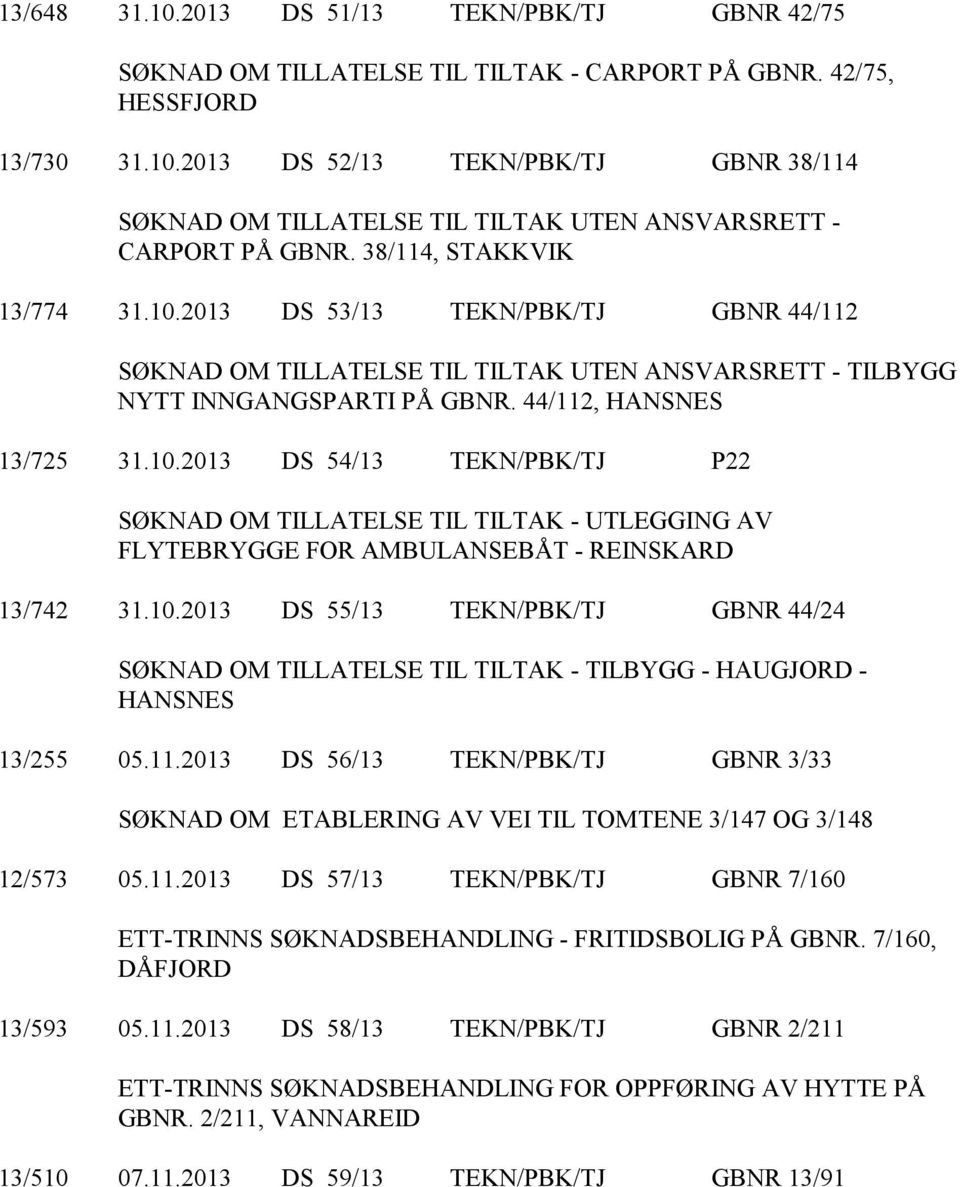 10.2013 DS 55/13 TEKN/PBK/TJ GBNR 44/24 SØKNAD OM TILLATELSE TIL TILTAK - TILBYGG - HAUGJORD - HANSNES 13/255 05.11.