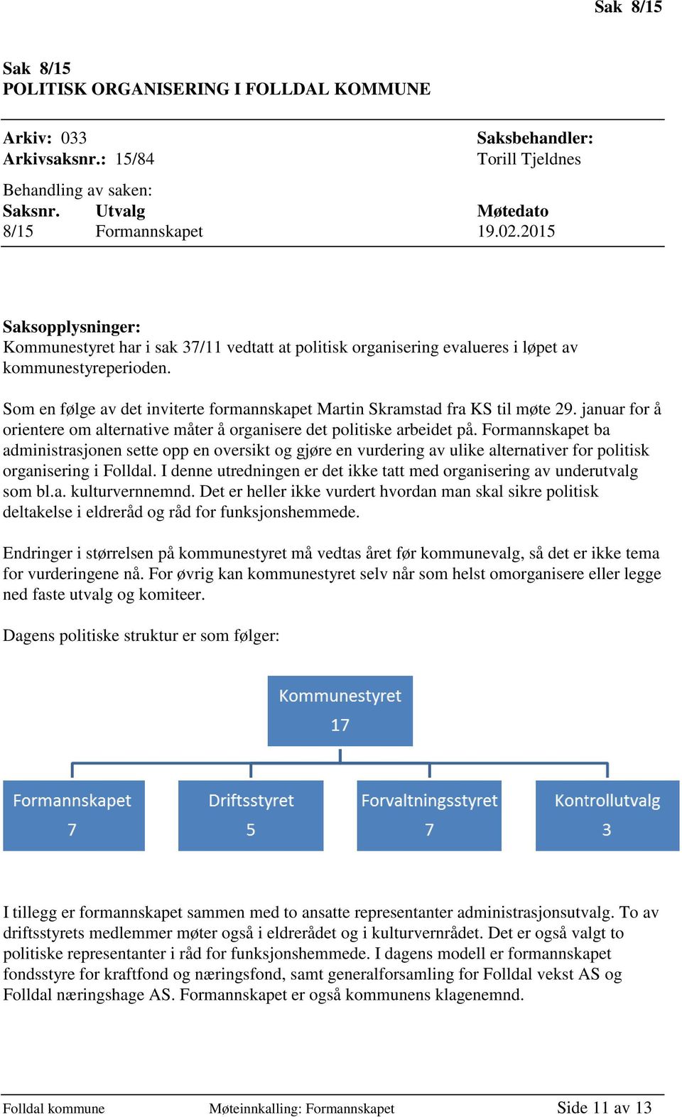 Som en følge av det inviterte formannskapet Martin Skramstad fra KS til møte 29. januar for å orientere om alternative måter å organisere det politiske arbeidet på.