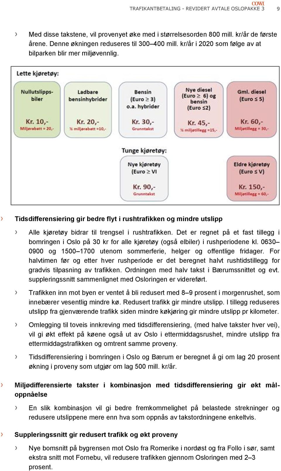 Det er regnet på et fast tillegg i bomringen i Oslo på 30 kr for alle kjøretøy (også elbiler) i rushperiodene kl. 0630 0900 og 1500 1700 utenom sommerferie, helger og offentlige fridager.