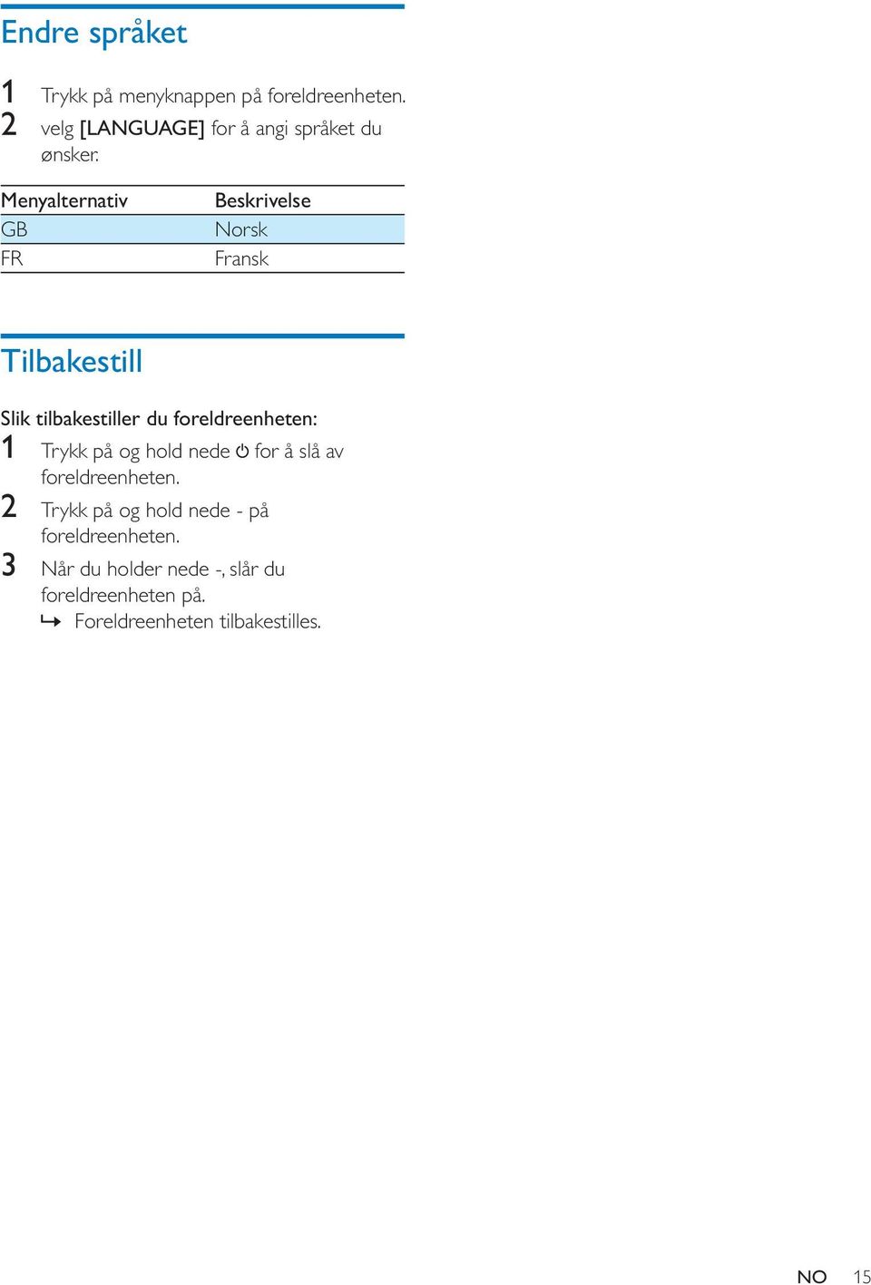 Menyalternativ GB FR Beskrivelse Norsk Fransk Tilbakestill Slik tilbakestiller du foreldreenheten: