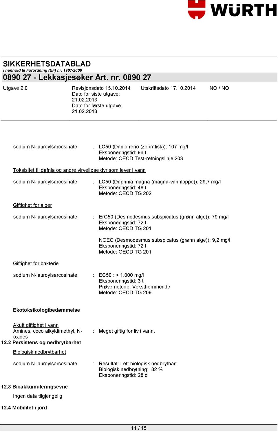 (Desmodesmus subspicatus (grønn alge)): 9,2 mg/l Eksponeringstid: 72 t Metode: OECD TG 201 Giftighet for bakterie : EC50 : > 1.