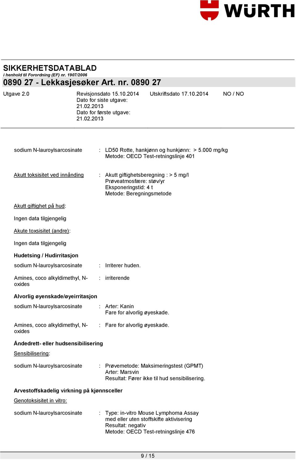 giftighet på hud: Akute toxsisitet (andre): Hudetsing / Hudirritasjon Amines, coco alkyldimethyl, N- oxides : Irriterer huden.