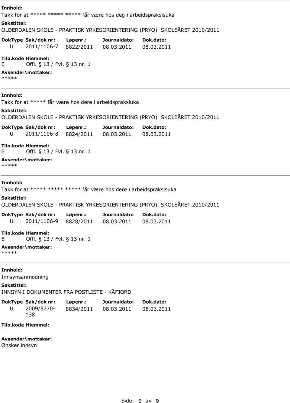 2011/1106-8 8824/2011 Takk for at får være hos dere i arbeidspraksisuka OLDRDALN SKOL - PRAKTSK YRKSORNTRNG (PRYO) SKOLÅRT