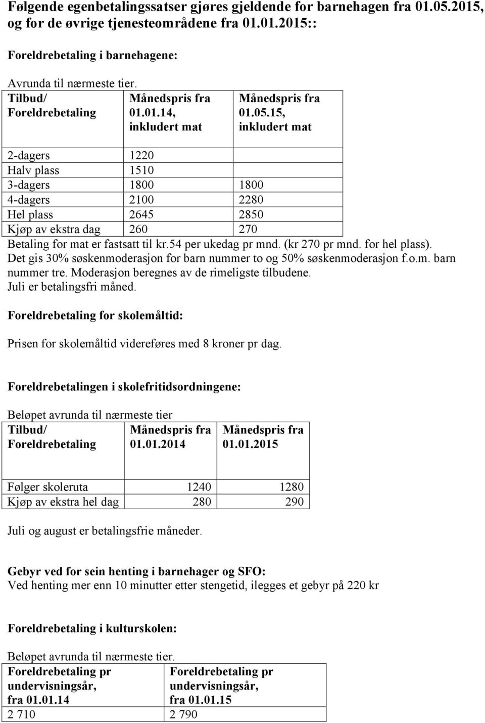 15, inkludert mat 2-dagers 1220 Halv plass 1510 3-dagers 1800 1800 4-dagers 2100 2280 Hel plass 2645 2850 Kjøp av ekstra dag 260 270 Betaling for mat er fastsatt til kr.54 per ukedag pr mnd.