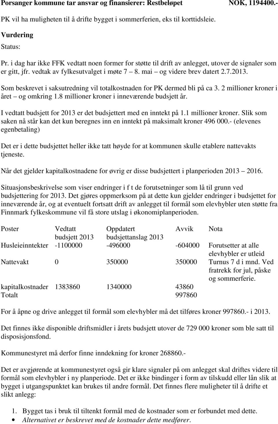 Som beskrevet i saksutredning vil totalkostnaden for PK dermed bli på ca 3. 2 millioner kroner i året og omkring 1.8 millioner kroner i inneværende budsjett år.