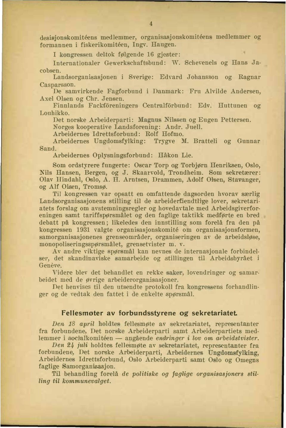 Cenh'alforbnd: Edv Httnen og Lohikko Det norske Arbeiderparti: MagnsJ: ils en og Egen Pettersen JCTorges kooperative Land forening: Andr Jell Arbeiderne Idrett forbnd: Rolf Hofmo Arbeidernes