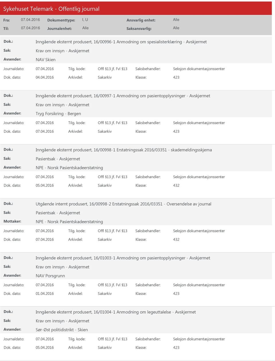 Erstatningssak 2016/03351 - skademeldingsskjema Pasientsak - NPE - Norsk Pasientskadeerstatning 432 tgående internt produsert, 16/00998-2 Erstatningssak 2016/03351 - Oversendelse av journal